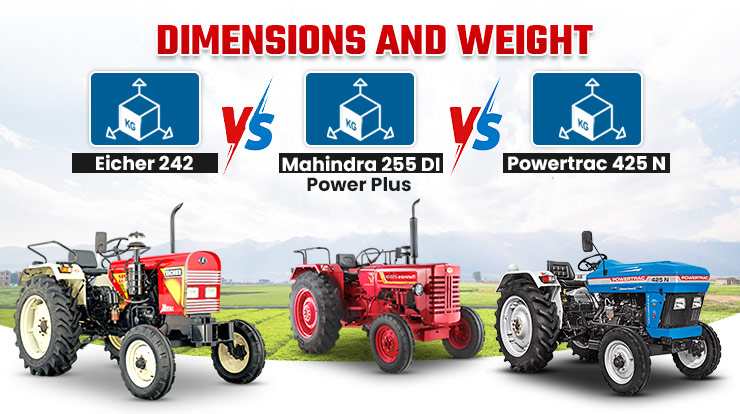 Eicher 242 vs Powertrac 425 N vs Mahindra 255 DI Power Plus: Dimensions And Weight 